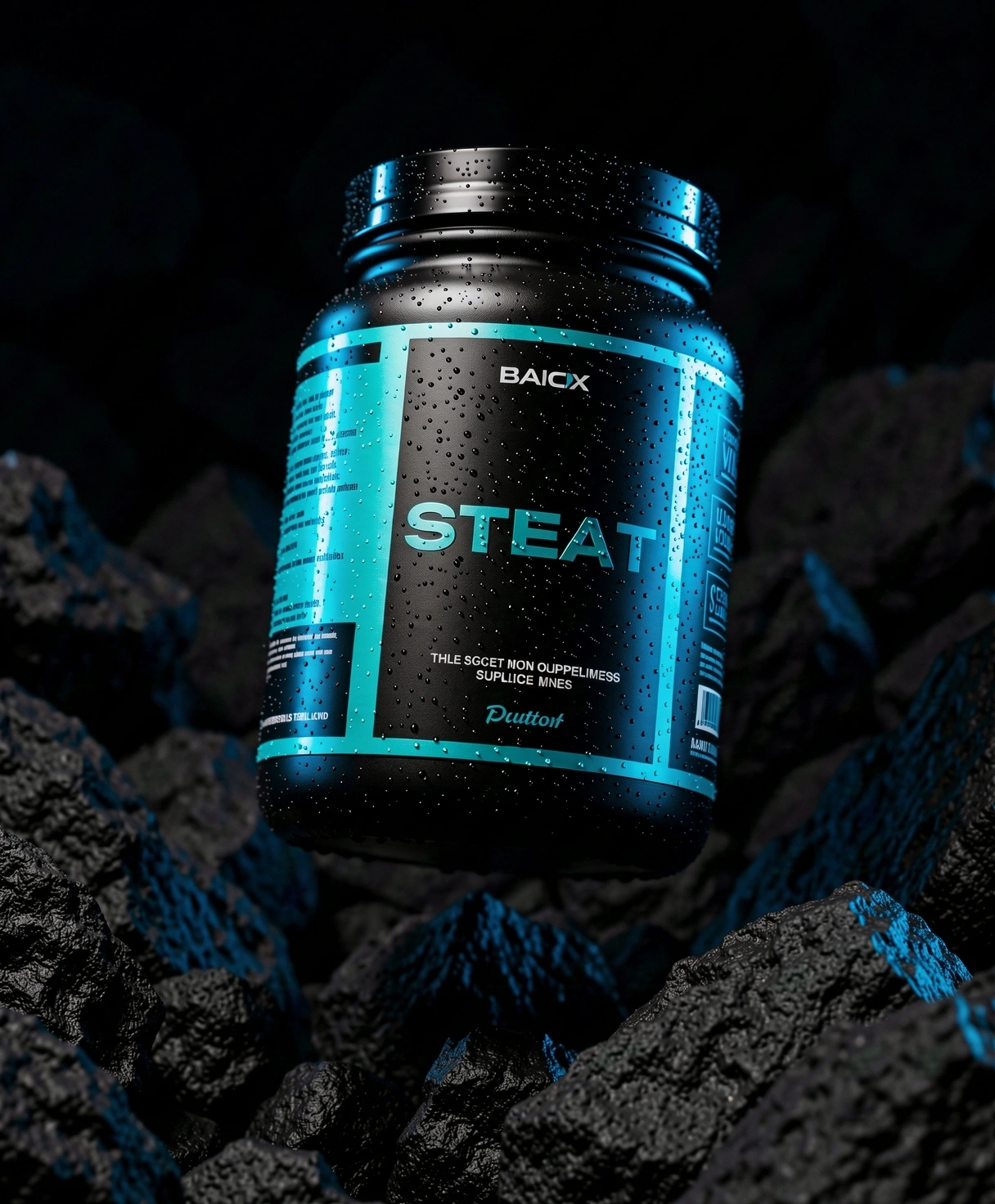 Premium nutritional support canister in cinematic lighting
